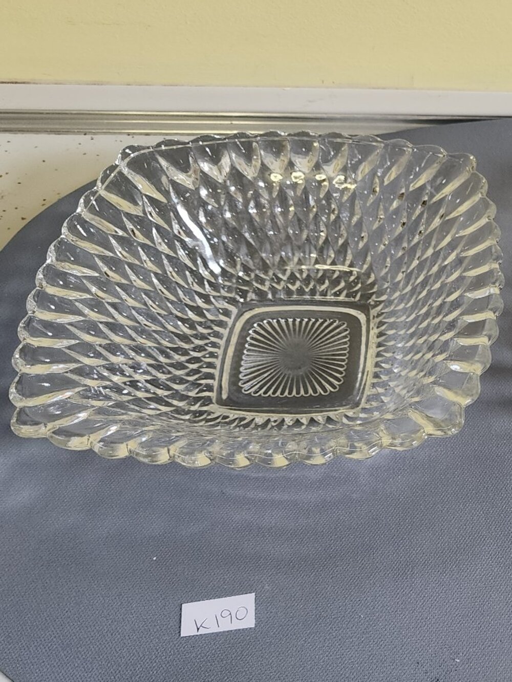Antique Indiana Glass Vintage Diamond Point Design Square Bowl